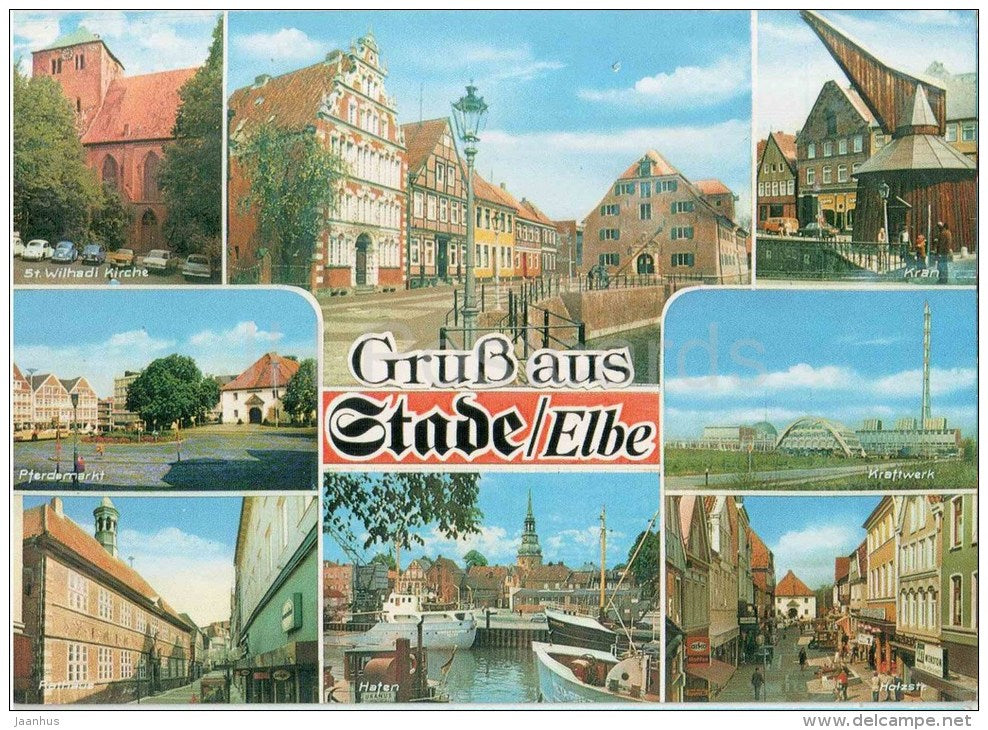 Gruss aus Stade , Elbe - St. Wilhadi Kirche - Kran - Kraftwerk - Pferdemarkt - Rathaus - Germany - 1988 gelaufen - JH Postcards