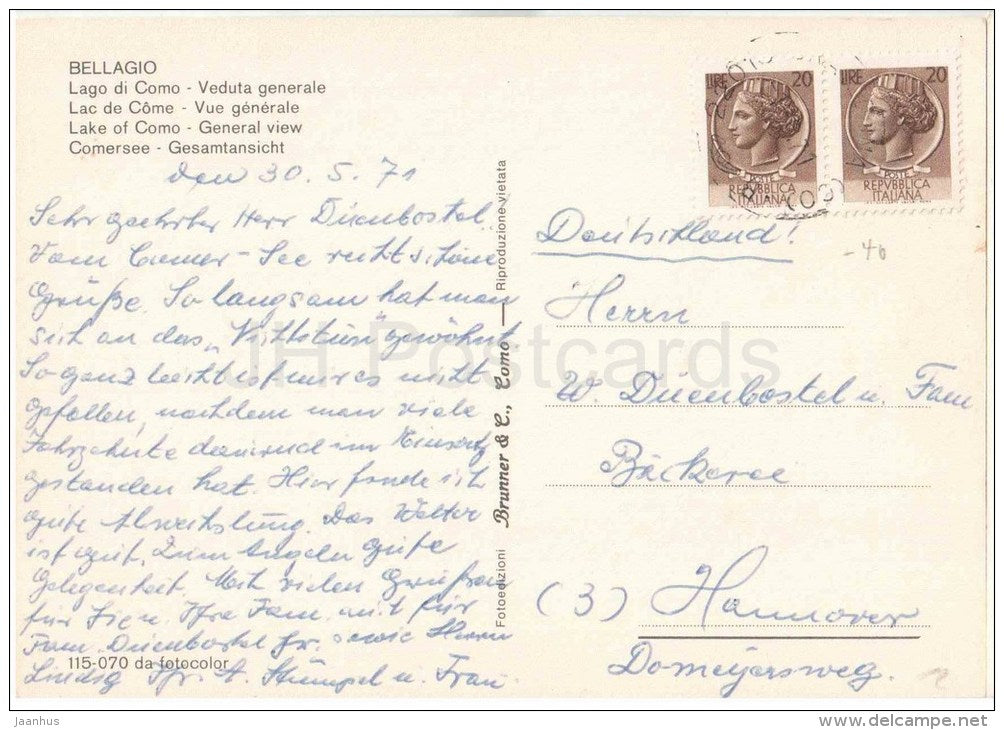 Veduta Generale - Bellagio - Lago di Como - Lombardia - 115-070 - Italia - Italy - sent from Italy to Germany 1971 - JH Postcards