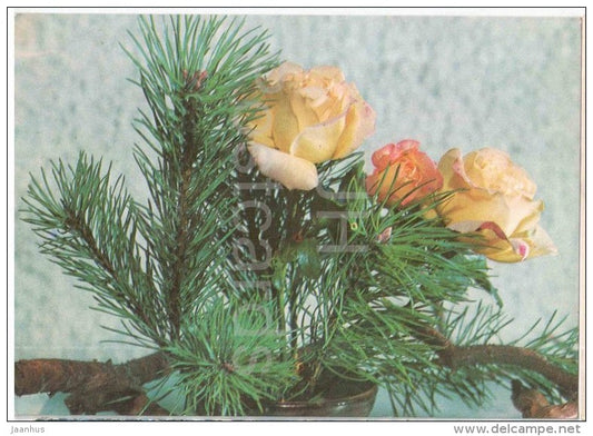 New Year Greeting Card - flowers composition - roses - 1977 - Russia USSR - used - JH Postcards