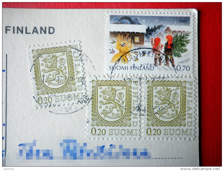 Christmas Greeting Card - winter landscape - forest - 23-011 - Finland - sent from Finland Helsinki to Estonia USSR 1982 - JH Postcards