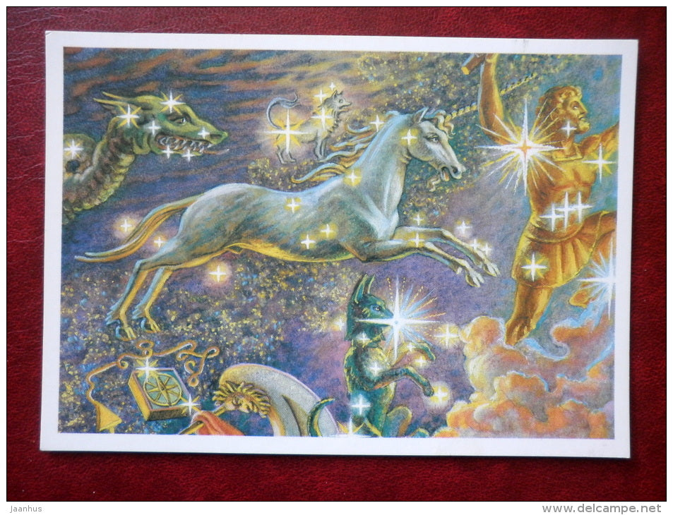 Monoceros - Unicorn - Pyxis - constellations - twins - compass - night sky - 1990 - Russia USSR - unused - JH Postcards