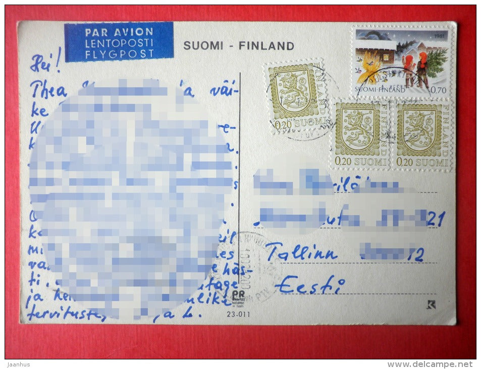 Christmas Greeting Card - winter landscape - forest - 23-011 - Finland - sent from Finland Helsinki to Estonia USSR 1982 - JH Postcards