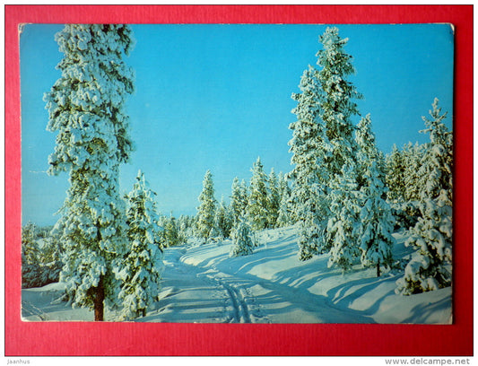 Christmas Greeting Card - winter landscape - forest - 23-011 - Finland - sent from Finland Helsinki to Estonia USSR 1982 - JH Postcards