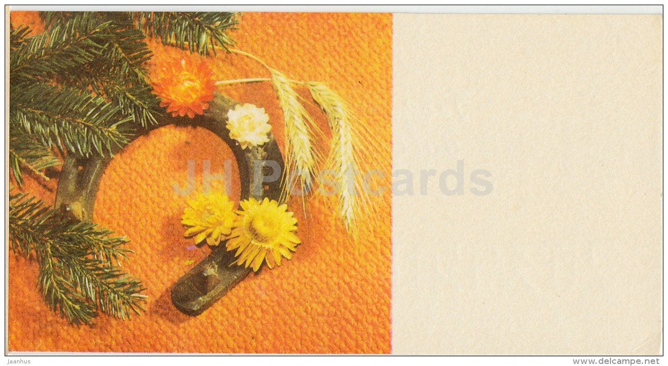 New Year Greeting card - 1 - horseshoe - flowers - 1975 - Estonia USSR - used - JH Postcards