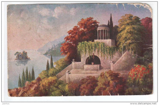 illustration by Fiebiger - grotto , pavilion , sea - Amag 391 - old postcard - circulated in Estonia 1925 - used - JH Postcards