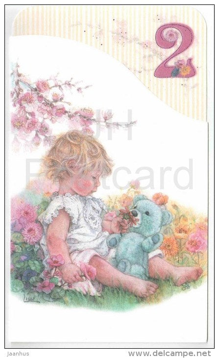 illustration by Lisi Martin - signed - birthday greeting card - poem - girl - teddy bear - flowers - unused - JH Postcards