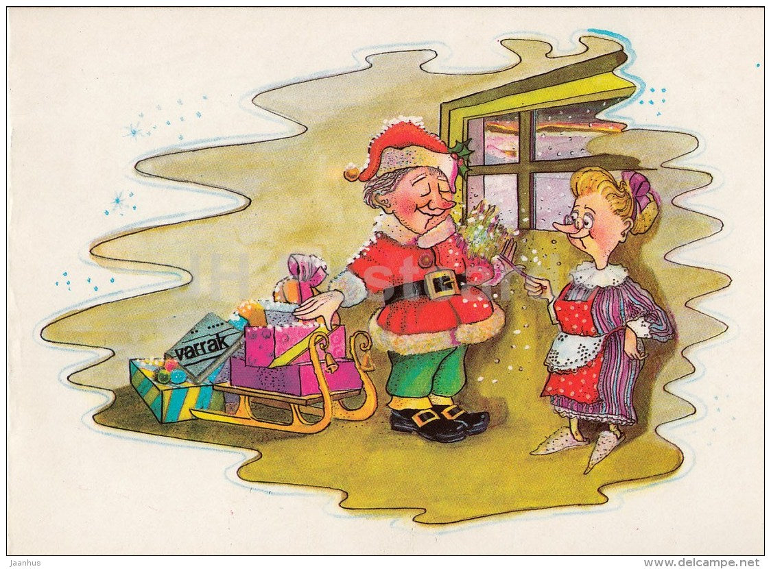 New Year greeting card by K. Korp - Santa Claus - gifts - illustration - 1991 - Estonia USSR - used - JH Postcards
