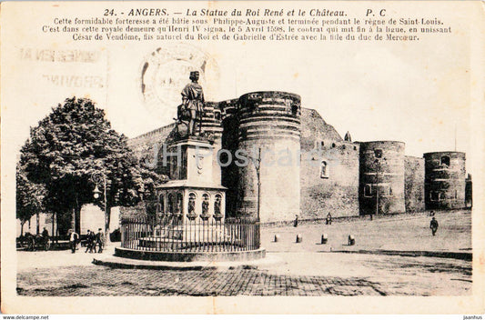 Angers - La Statue du Roi Rene et la Chateau - monument - 24 - old postcard - France - used - JH Postcards