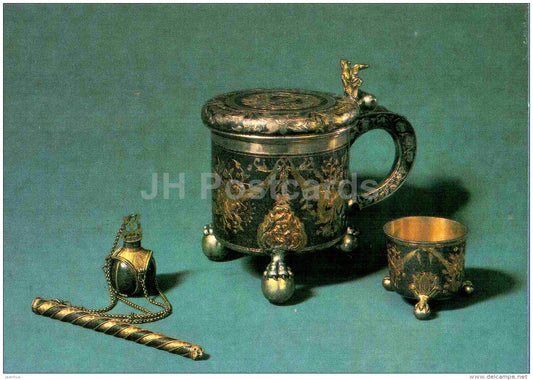 Cup , Writing Set , inkwell - Glass - Russian Silver Craft - art - 1986 - Russia USSR - unused - JH Postcards