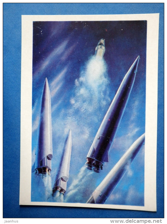 illustration by A. Sokolov - Detachment of Stage 1 - spaceship - Russia USSR - 1973 - unused - JH Postcards