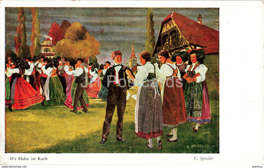 painting by C Spindler - D'r Hahn im Korb - folk costumes - folk dance - French art - old postcard - France - unused - JH Postcards