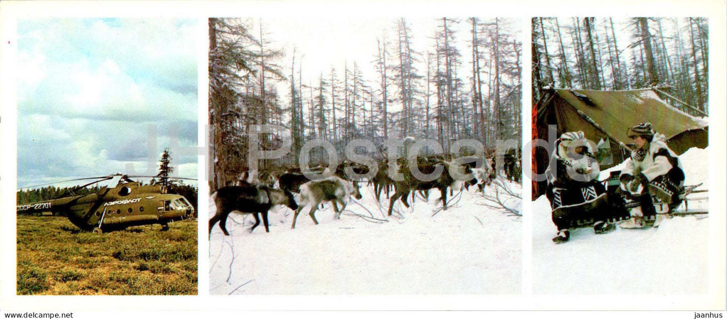 Reindeer herders - helicopter - animals - folk costume - Magadan Region - 1986 - Russia USSR - unused - JH Postcards