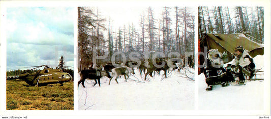 Reindeer herders - helicopter - animals - folk costume - Magadan Region - 1986 - Russia USSR - unused - JH Postcards