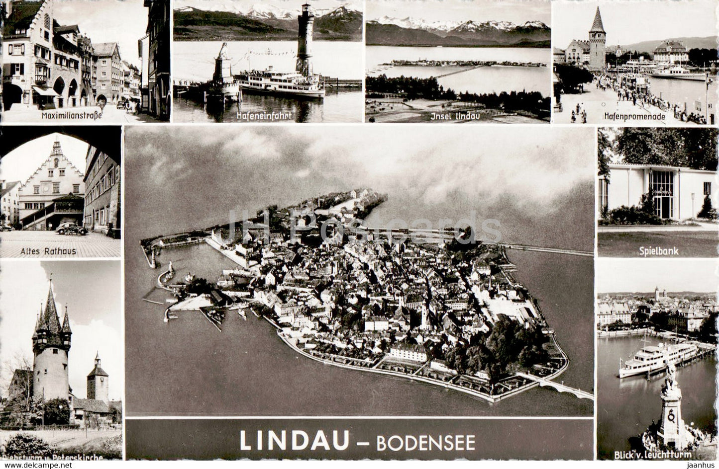 Lindau Bodensee - Maximilianstrasse - Hafenpromenade - Spielbank - Altes Rathaus - old postcard - 1956 - Germany - used - JH Postcards