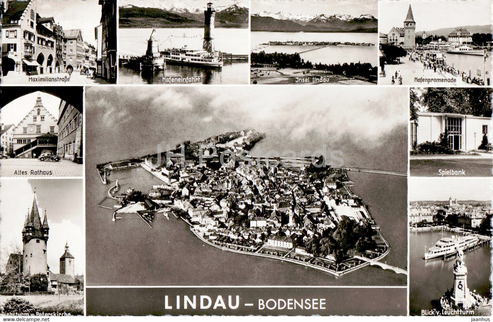 Lindau Bodensee - Maximilianstrasse - Hafenpromenade - Spielbank - Altes Rathaus - old postcard - 1956 - Germany - used - JH Postcards