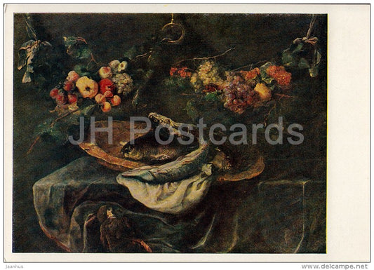 painting by Jan Fyt - Still Life with Garland and Fishes - pike - fruits - Flemish art - 1959 - Russia USSR - unused - JH Postcards