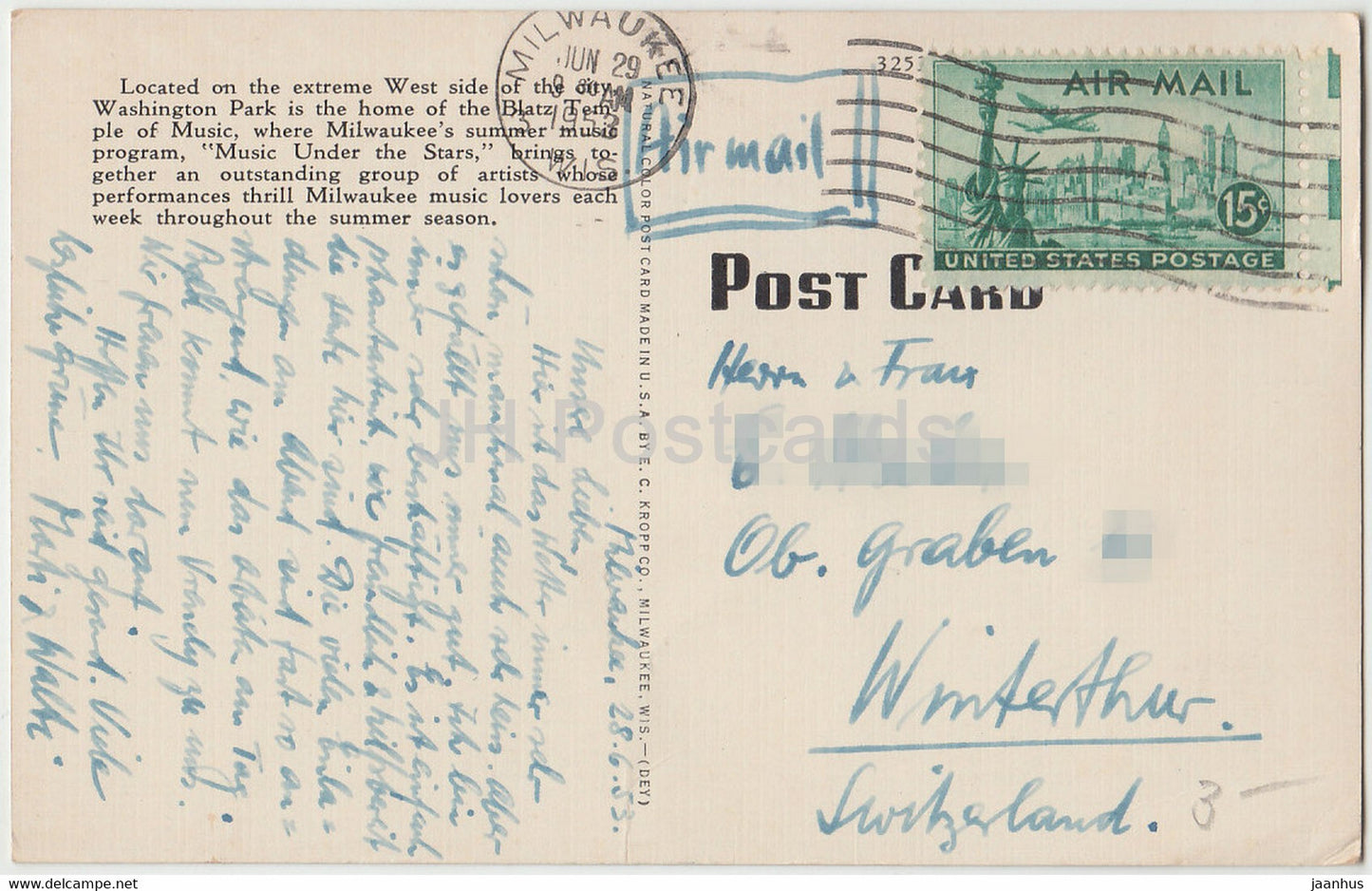 Milwaukee - Music Temple - Washington Park - Wisconsin - alte Postkarte - 1953 - USA - gebraucht