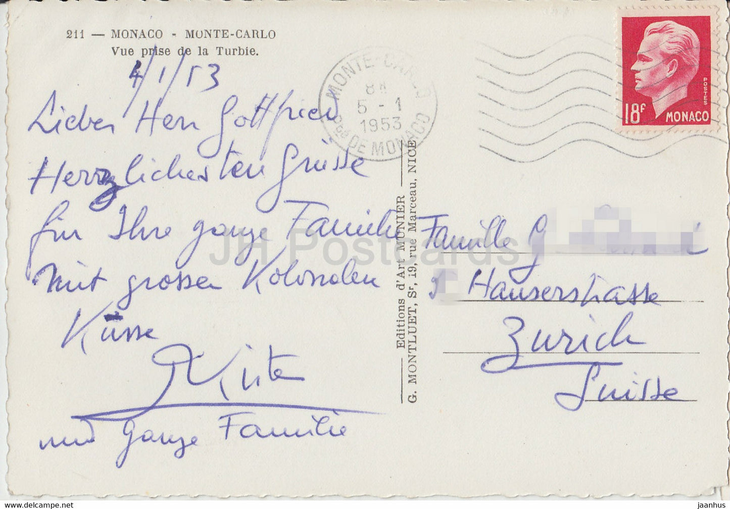 Monte Carlo - Vue prise de la Turbie - 211 - carte postale ancienne - 1953 - Monaco - occasion