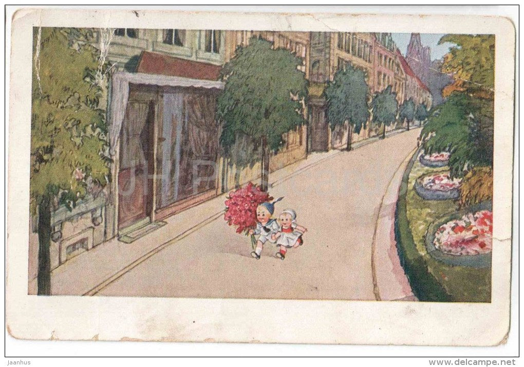 illustration - children with flowers - city street - WSSB 5840 - circulated in Estonia Pärnu-Tallinn Mail Wagon 1922 - JH Postcards