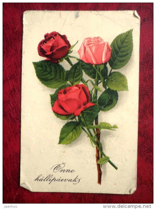 Birthday greeting card - red roses - Estonia - old postcard - used - JH Postcards