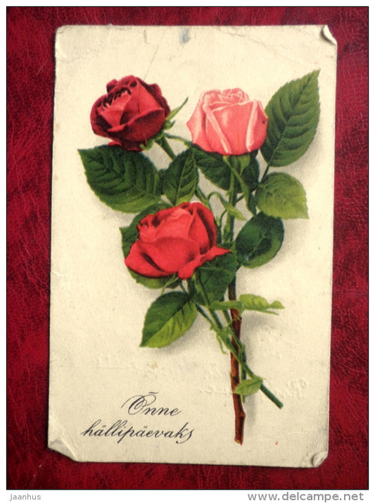 Birthday greeting card - red roses - Estonia - old postcard - used - JH Postcards