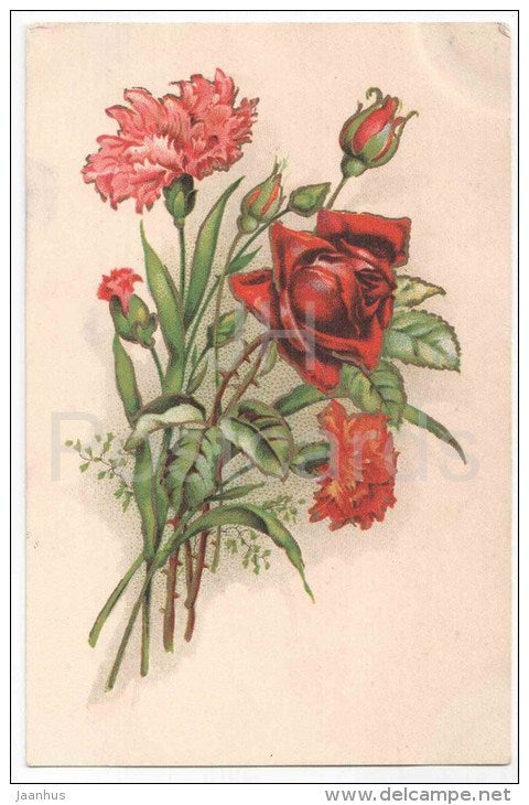 Greeting Card - Red Roses - Poppy - flowers - KJ Tartu 3 - old postcard - circulated in Estonia - JH Postcards