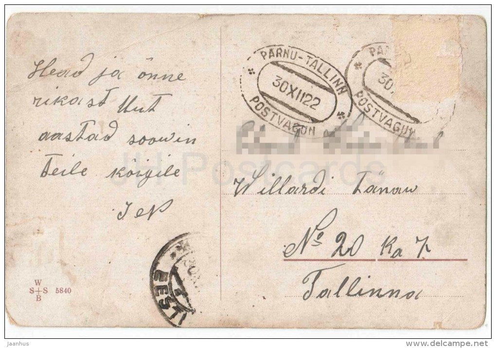 illustration - children with flowers - city street - WSSB 5840 - circulated in Estonia Pärnu-Tallinn Mail Wagon 1922 - JH Postcards