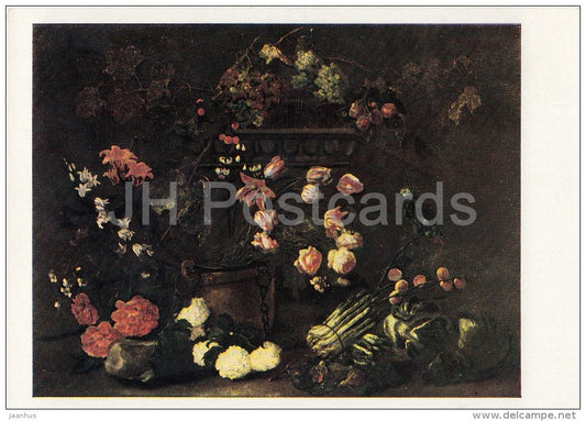painting by Jan Fyt - Still Life with Flowers , Fruits and Parrots - Flemish art - old postcard - Russia USSR - unused - JH Postcards