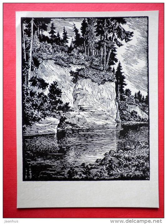 engraving by Arturs Duburs - Rock near the Gauja - latvian art - unused - JH Postcards
