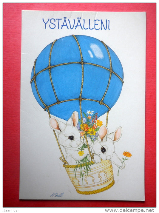 illustration by LK Powell - hare - air balloon - ED 318 - Finland - circulated in Finland - JH Postcards