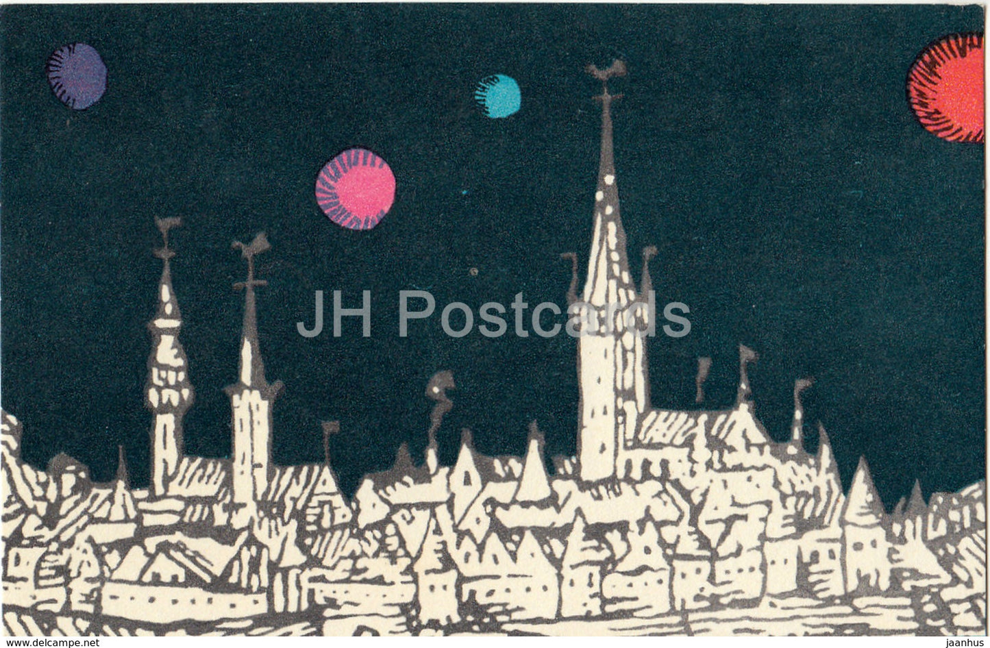 illustration by V. Sinjukajev - Tallinn - Old Town in the Night - 1972 - Estonia USSR - used - JH Postcards
