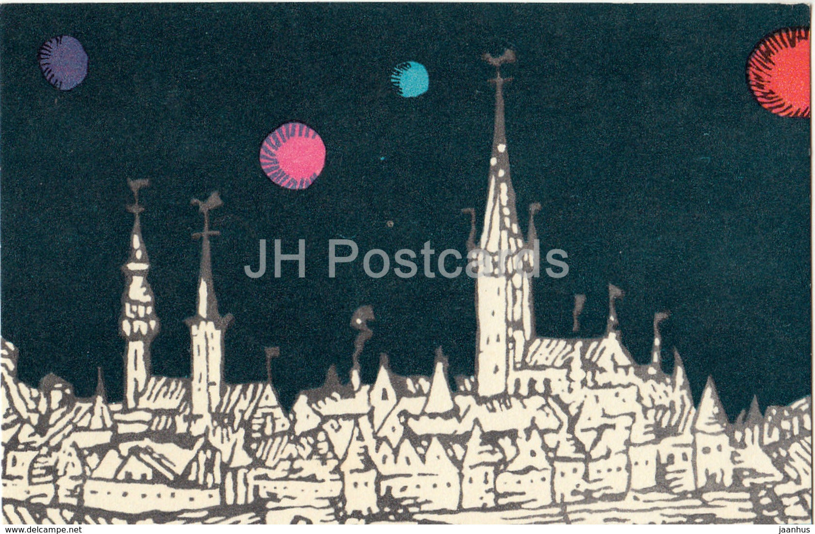 illustration by V. Sinjukajev - Tallinn - Old Town in the Night - 1972 - Estonia USSR - used - JH Postcards