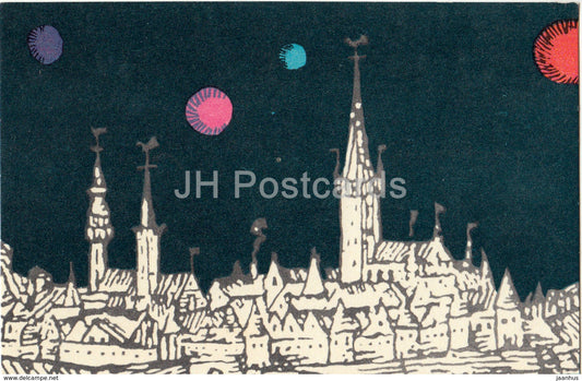 illustration by V. Sinjukajev - Tallinn - Old Town in the Night - 1972 - Estonia USSR - used - JH Postcards