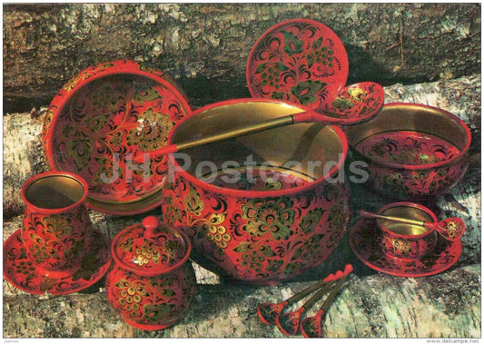 Pieces from Fruit and Berry set - spoons - Semyonovskaya khokhloma - russian handicraft - 1981 - Russia USSR - unused - JH Postcards