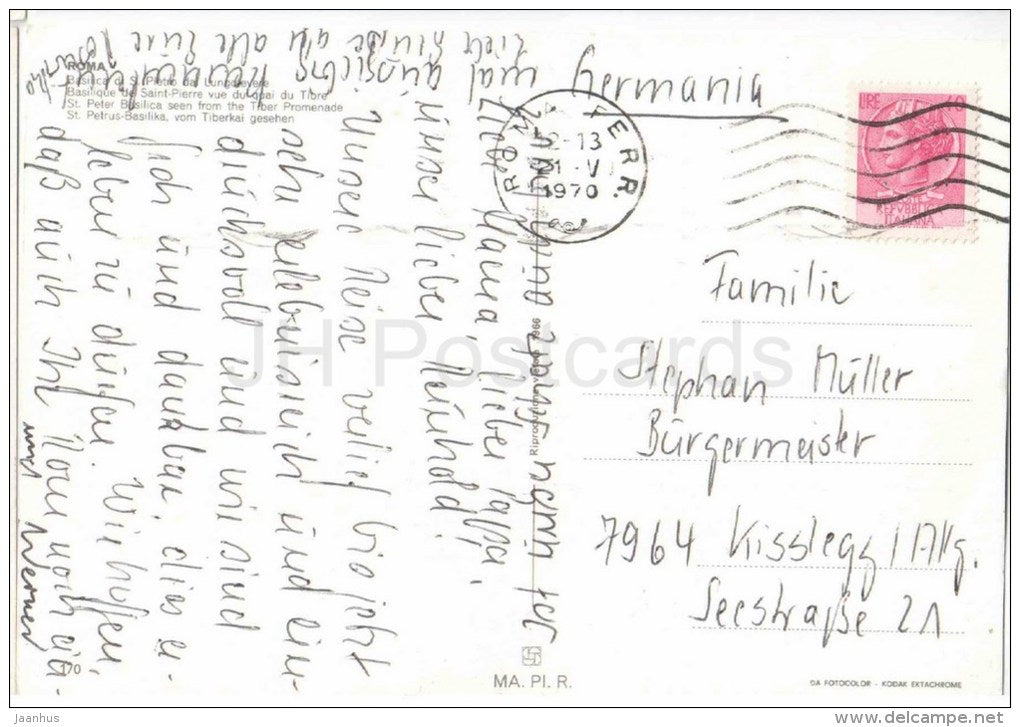 Basilica di S. Pietro - Roma - Rome - 170 - Italia - Italy - sent from Italy Rome to Germany 1970 - JH Postcards