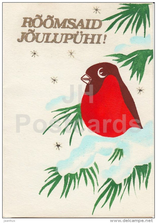 Christmas greeting card - Bullfinch - bird - illustration - 1991 - Estonia - used - JH Postcards