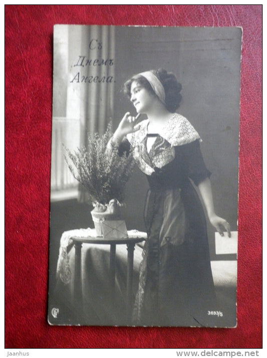 Birthday Greeting Card - lady - flowers - GL co 3693/5 - circulated in Tsarist Russia 1914 , Moscow , Pernau - used - JH Postcards