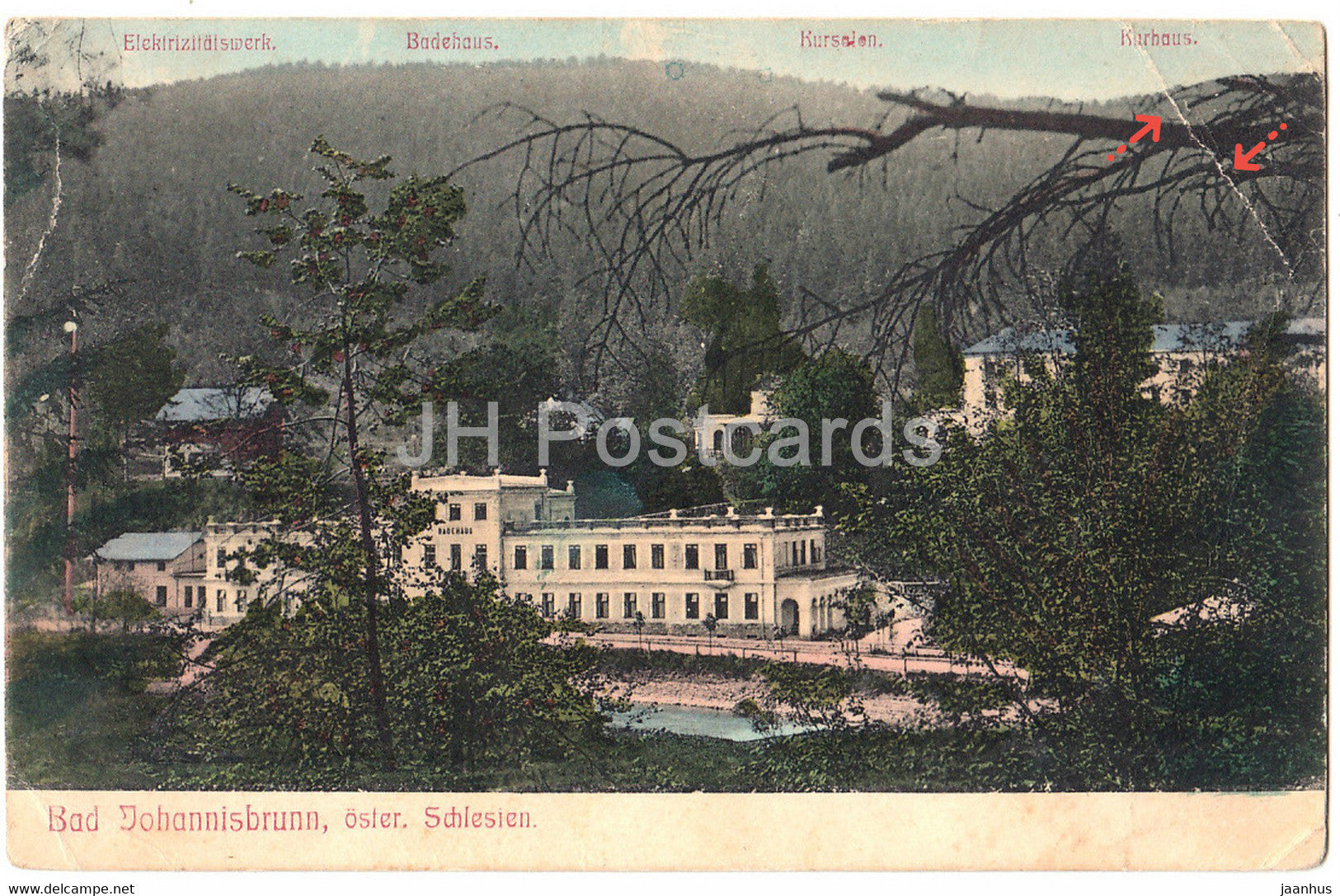 Bad Johannisbrunn oster Schlesien - Janske Koupele - Elektrizitatswerk - Badehaus - old postcard - Czech Republic - used - JH Postcards