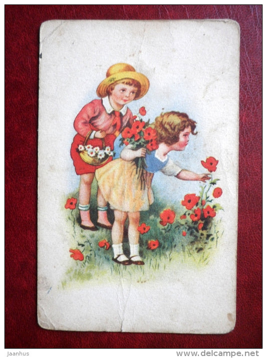 Birthday Greeting Card - boy and girl with flowers - WO 1431 - circulated in 1938 - Estonia - used - JH Postcards