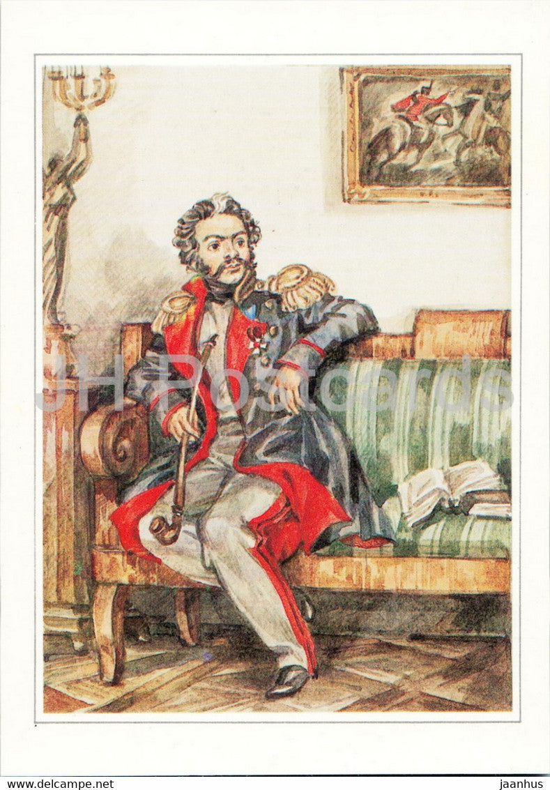 Russian writer Alexander Pushkin - D. Davydov - illustration - 1984 - Russia USSR - unused - JH Postcards
