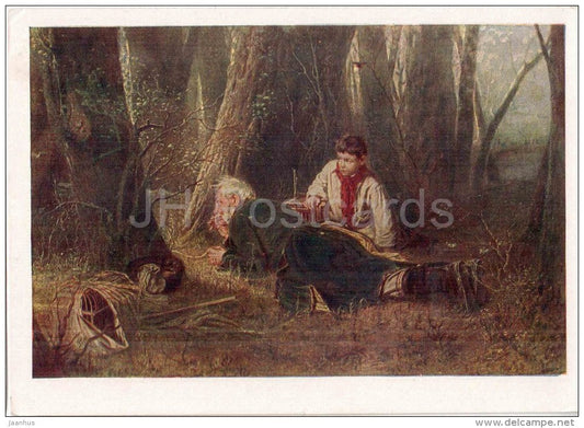 painting by V. Perov - 1 - Birder - bird catcher - bird cage - boy - old man - russian art  - unused - JH Postcards
