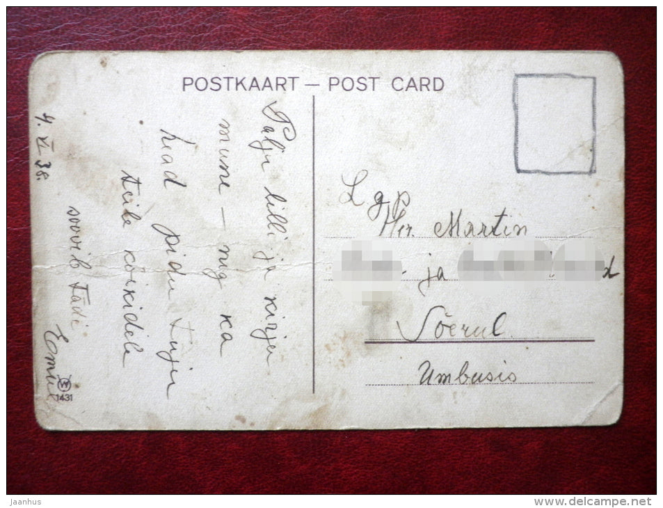 Birthday Greeting Card - boy and girl with flowers - WO 1431 - circulated in 1938 - Estonia - used - JH Postcards