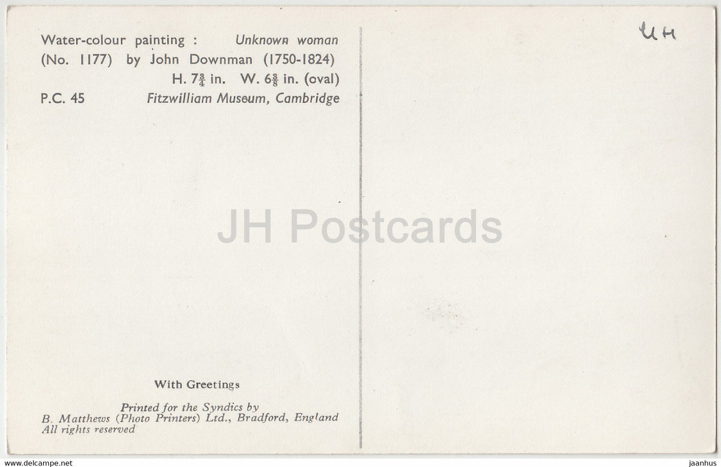 Gemälde von John Downman – Unbekannte Frau – walisische Kunst – alte Postkarte – Vereinigtes Königreich – unbenutzt