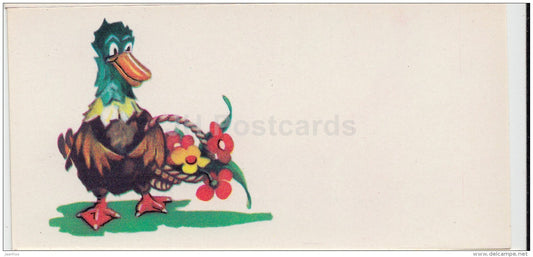 mini Greeting card - duck - flowers - 1978 - Latvia USSR - unused - JH Postcards