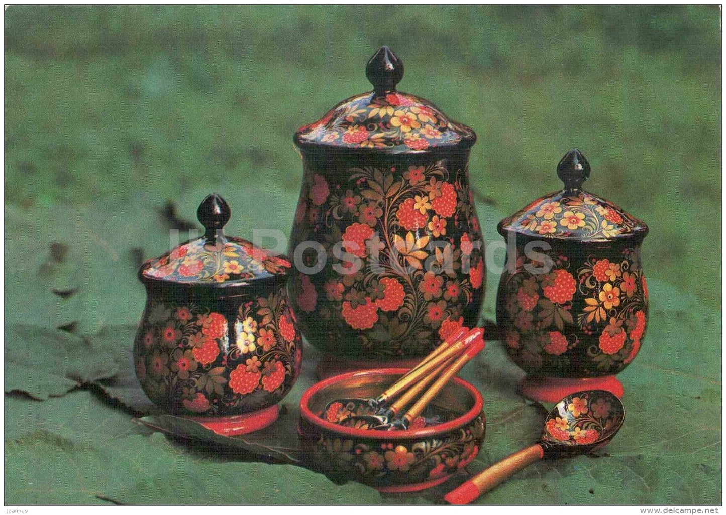 Pieces from Berry set - spoons - Semyonovskaya khokhloma - russian handicraft - 1981 - Russia USSR - unused - JH Postcards