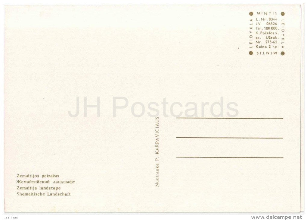 Zemaitija Landscape - Lithuania USSR - unused - JH Postcards