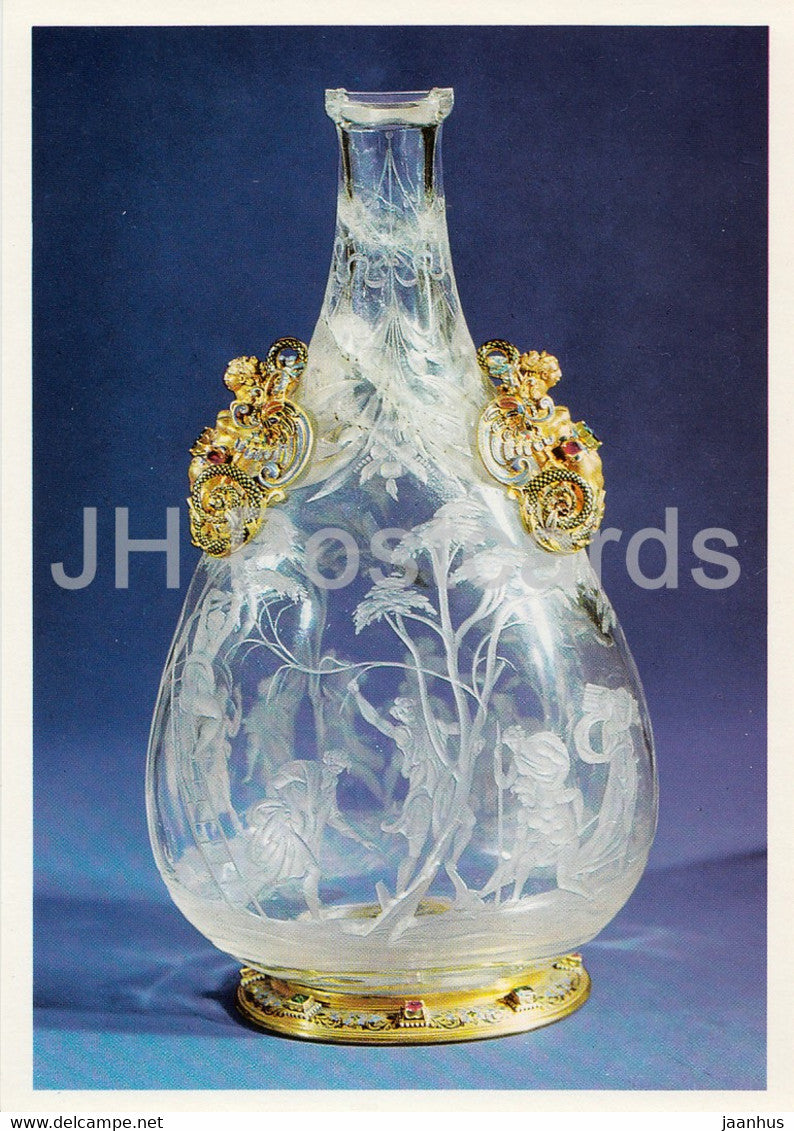Bergkristallflasche in Goldmontierung - Rock Crystal Bottle mounted in Gold - Grunes Gewolbe - DDR Germany - unused - JH Postcards