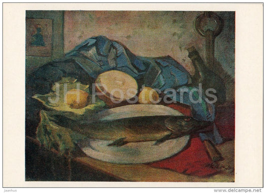 painting by A. Karvovsky - Still Life . Fish on the Plate , 1974 - pike - Russian art - Russia USSR - 1980 - unused - JH Postcards