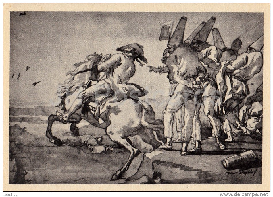 painting by Giovanni Domenico Tiepolo - Rider and Harlequin - horse - Italian art - 1956 - Russia USSR - unused - JH Postcards