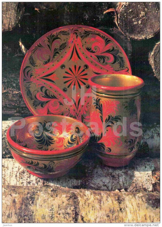 Dish , Vase and Bowl from Herb set - Semyonovskaya khokhloma - russian handicraft - 1981 - Russia USSR - unused - JH Postcards